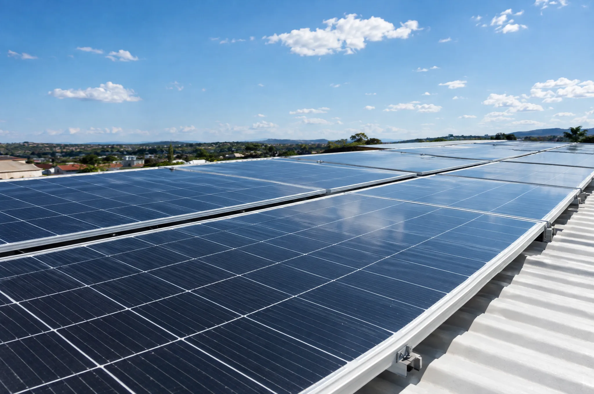 Imagem gerada por inteligência artificial: fileiras de módulos solares monocristalinos sobre um telhado metálico, com céu azul e nuvens e, ao fundo, um bairro e morros.