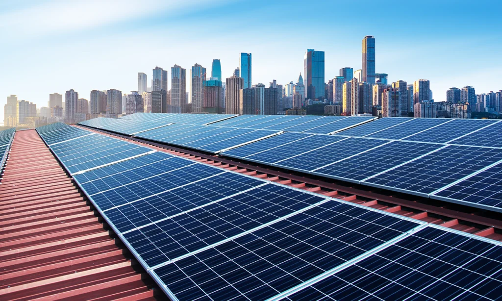 Painéis solares em telhado de edifício comercial mostrando como funciona a energia solar em áreas urbanas