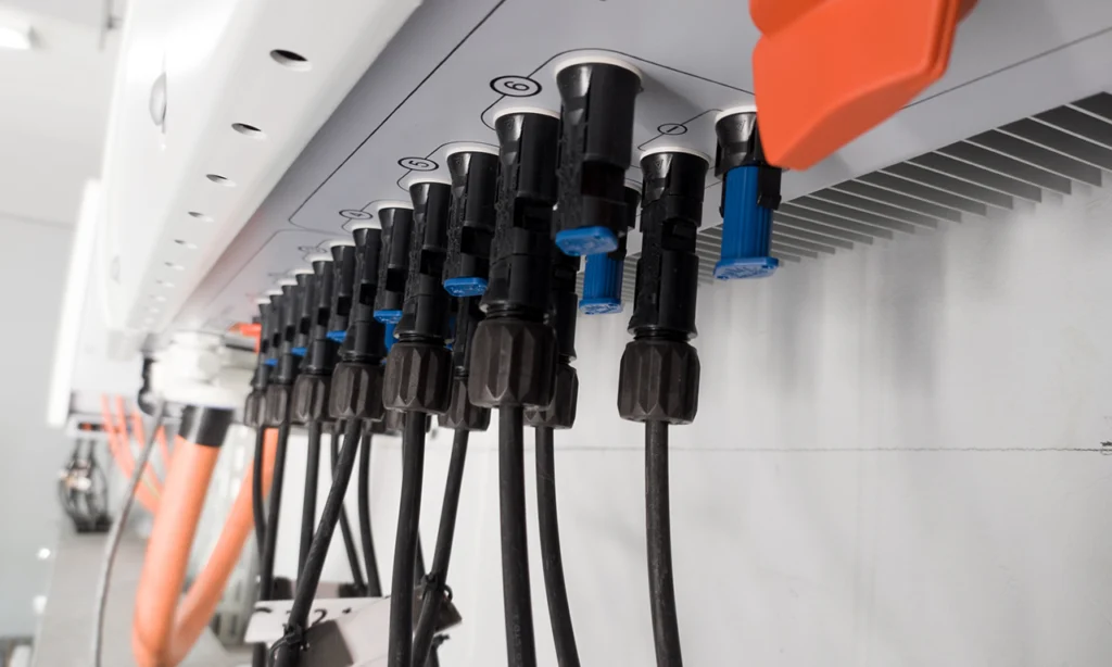 Detalhe das conexões elétricas em um inversor solar moderno, representando a estrutura interna de um dos tipos de inversor solar utilizados em sistemas residenciais e comerciais.