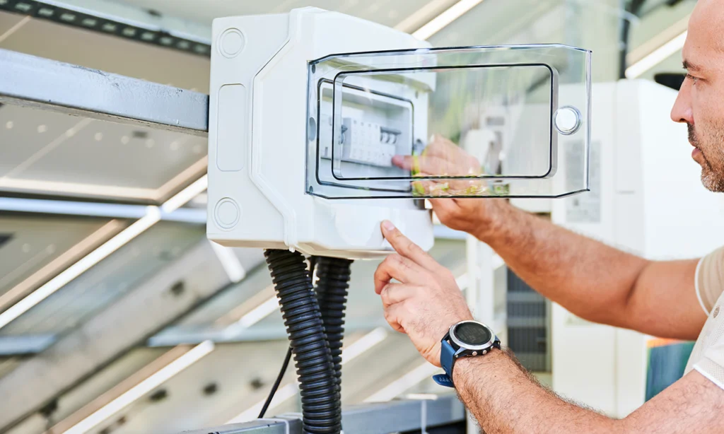 Técnico inspecionando quadro elétrico de sistema fotovoltaico, simbolizando a aplicação da NBR 17193:2025 e a importância da manutenção e verificação de dispositivos de proteção elétrica.